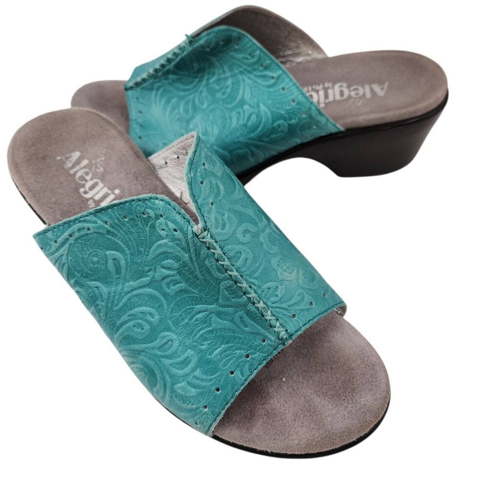 Alegria Sasha Dolly Sandals Turquoise Leather Print Open Wedge 38 EU / 7.5-8 US